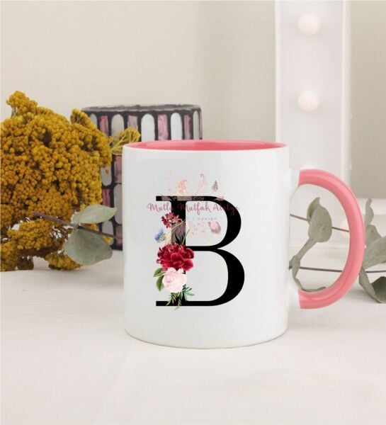 B Harfi Çiçek DesenliPembe Kupa Bardak