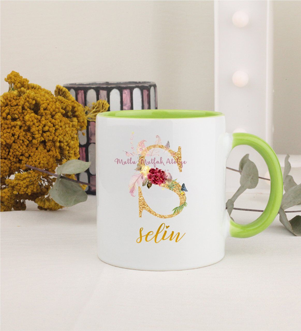 Kişiye Özel Gold Harfli ve İsimli Yeşil Kupa Bardak