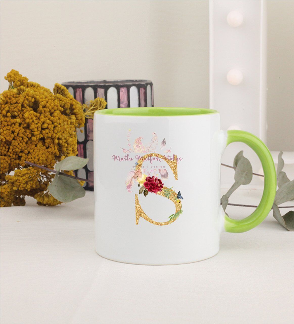 Gold Harfli Yeşil Kupa Bardak