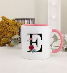 E Harfi Çiçek Desenli Pembe Kupa Bardak
