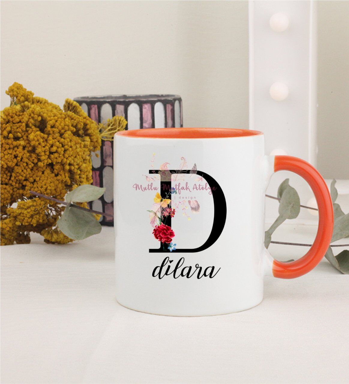 Kişiye Özel Harfli ve İsimli Turuncu Kupa Bardak