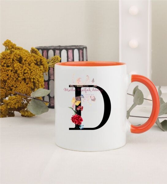 D Harfi Çiçek Desenli Turuncu Kupa Bardak