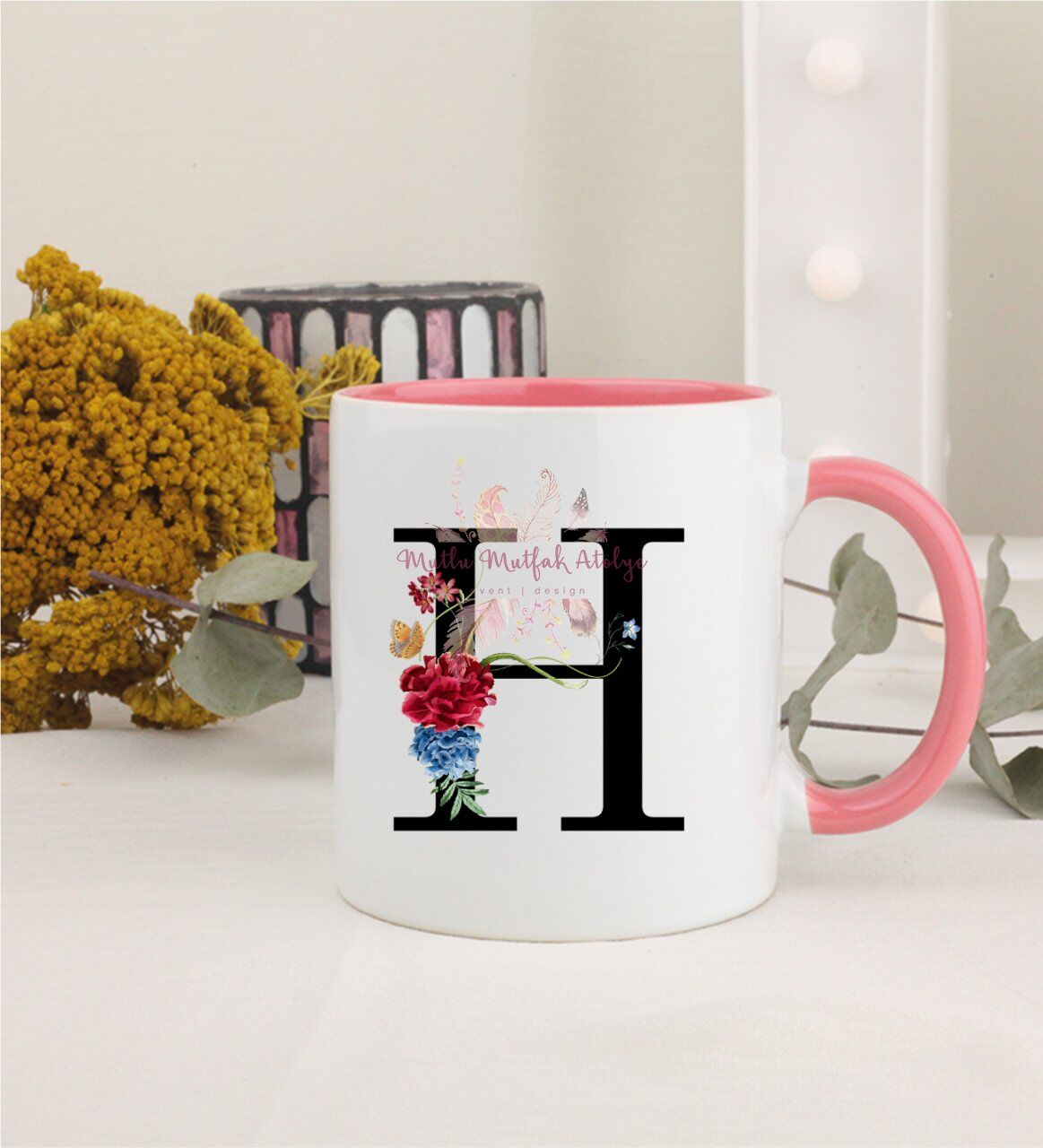 H Harfi Çiçek Desenli Pembe Kupa Bardak