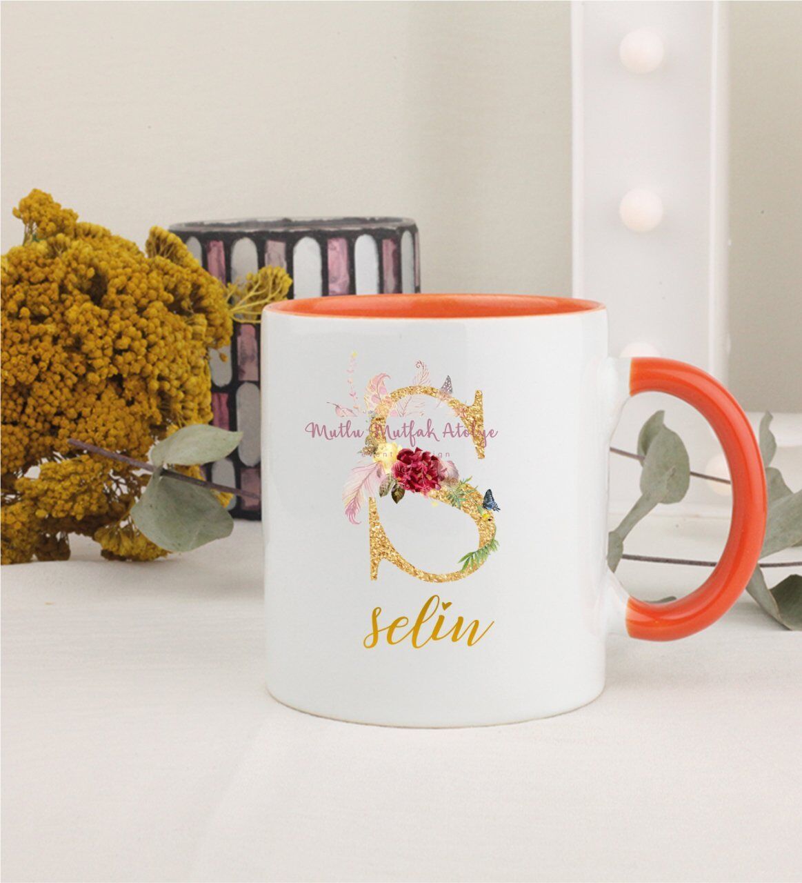 Kişiye Özel Gold Harfli ve İsimli Turuncu Kupa Bardak
