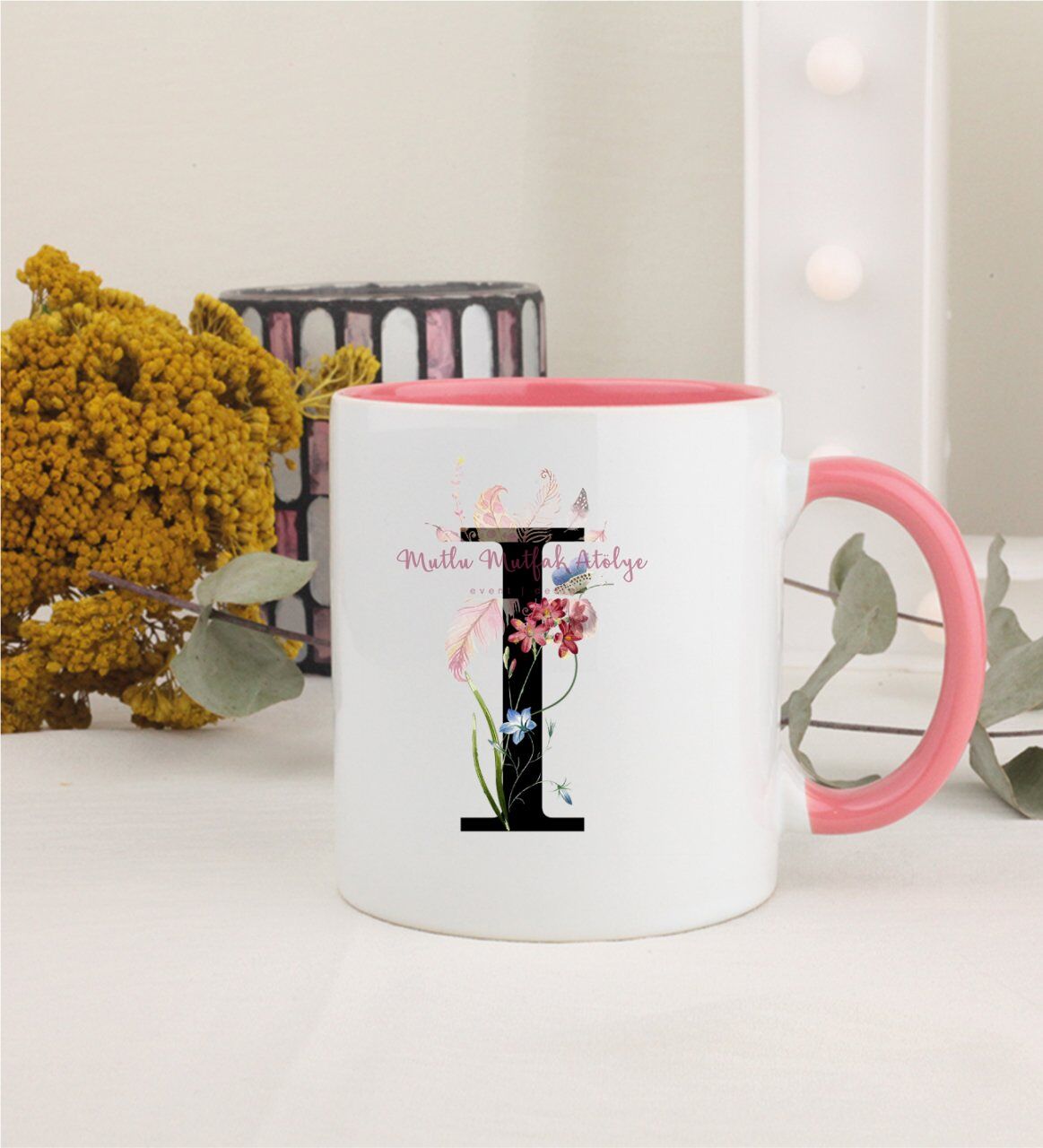 I Harfi Çiçek Desenli Pembe Kupa Bardak