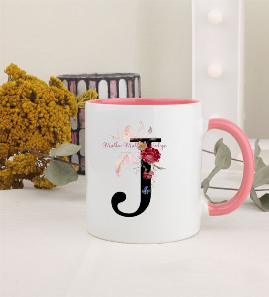 J Harfi Çiçek Desenli Pembe Kupa Bardak