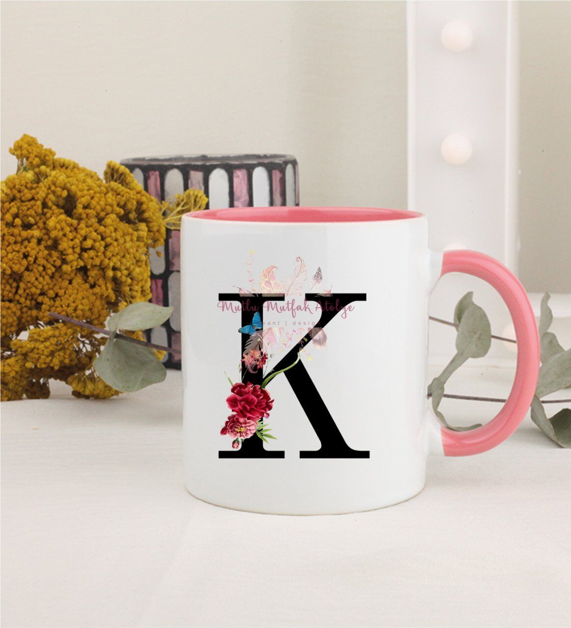 K Harfi Çiçek Desenli Pembe Kupa Bardak
