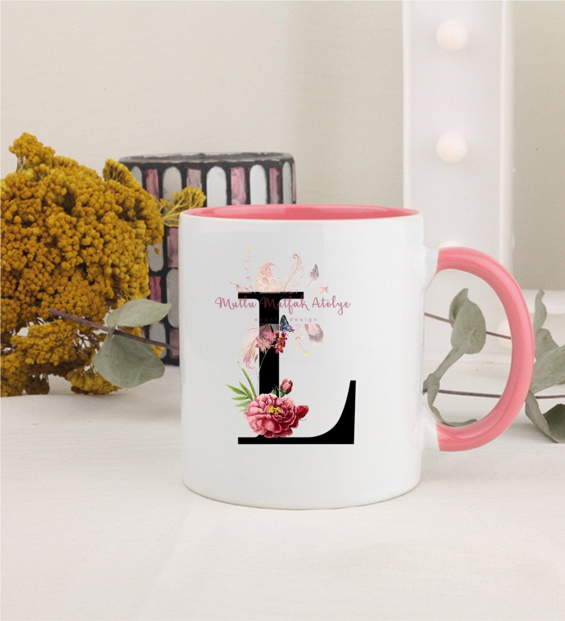 L Harfi Çiçek Desenli Pembe Kupa Bardak