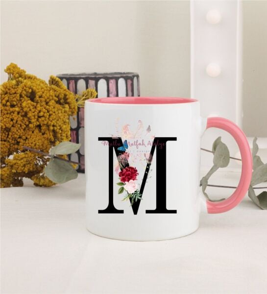 M Harfi Çiçek Desenli Pembe Kupa Bardak