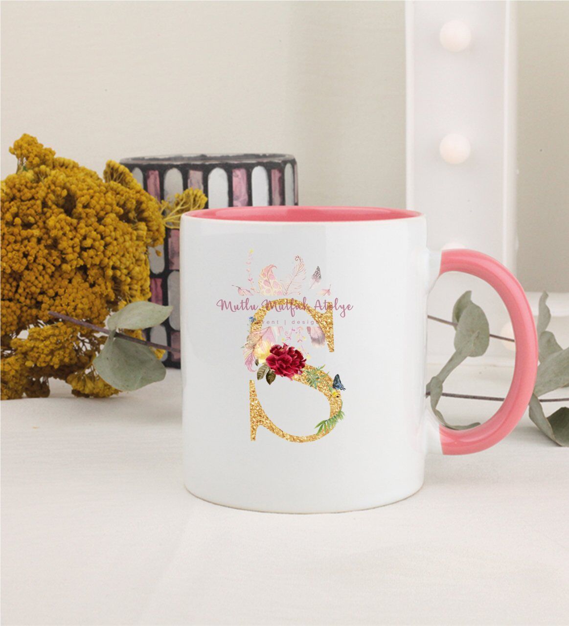 Gold Harfli Pembe Kupa Bardak