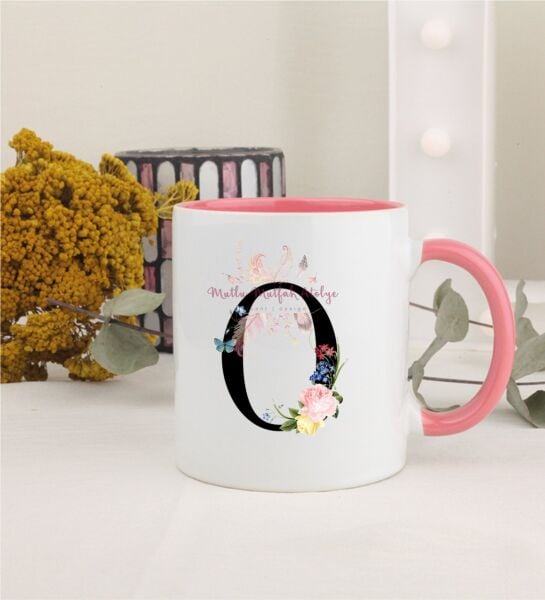 O Harfi Çiçek Desenli Pembe Kupa Bardak