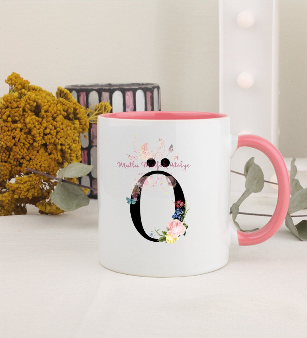 Ö Harfi Çiçek Desenli Pembe Kupa Bardak