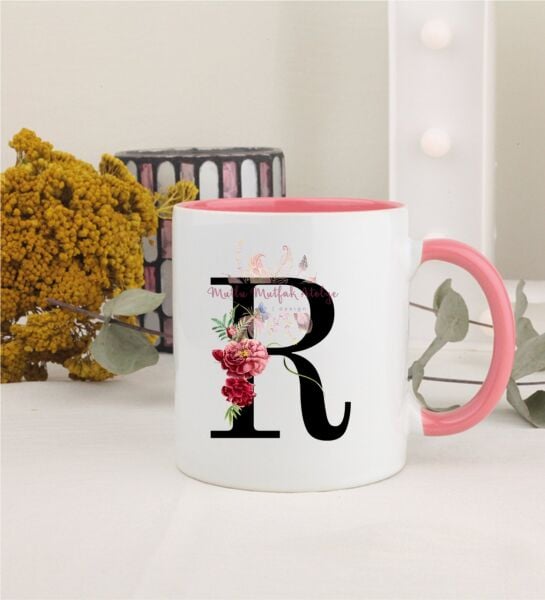 R Harfi Çiçek Desenli Pembe Kupa Bardak