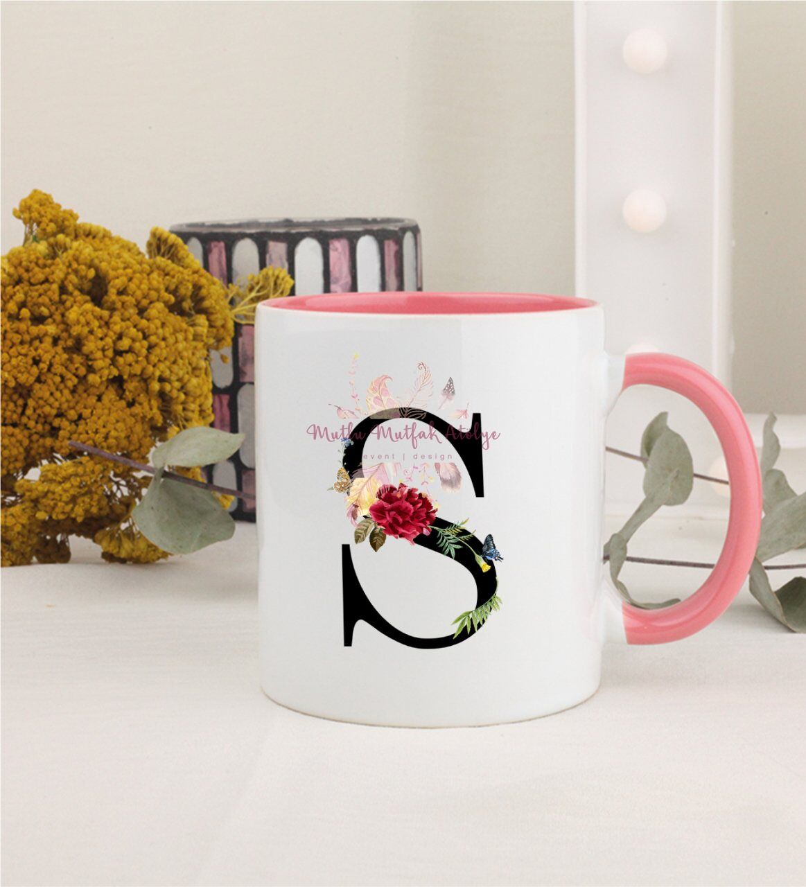 S Harfi Çiçek Desenli Pembe Kupa Bardak