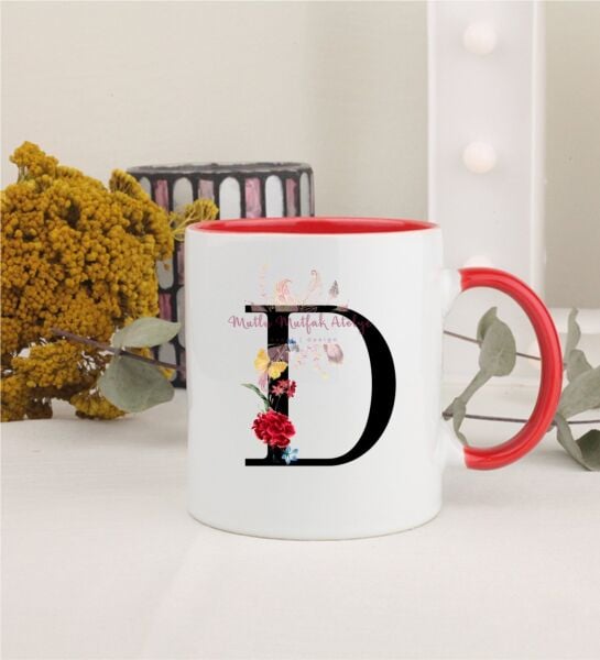 D Harfi Çiçek Desenli Kırmızı Kupa Bardak