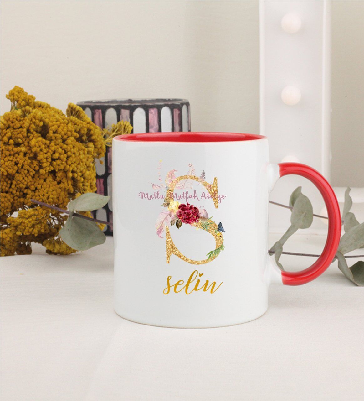Kişiye Özel Gold Harfli ve İsimli Kırmızı Kupa Bardak