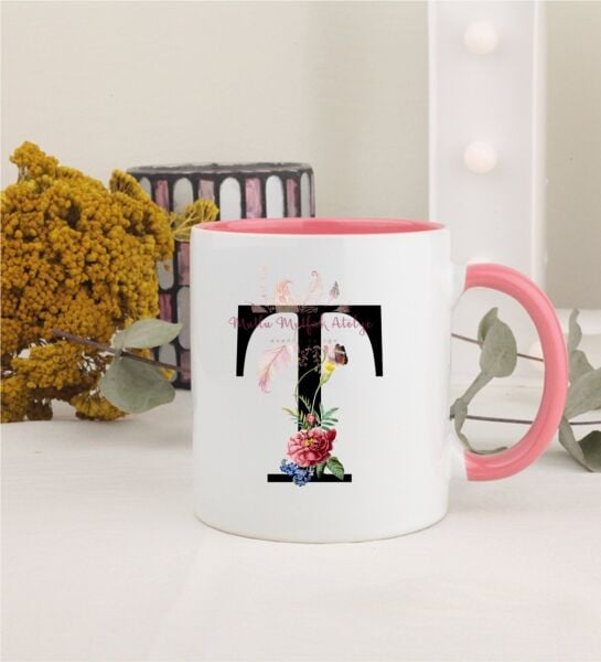 T Harfi Çiçek Desenli Pembe Kupa Bardak