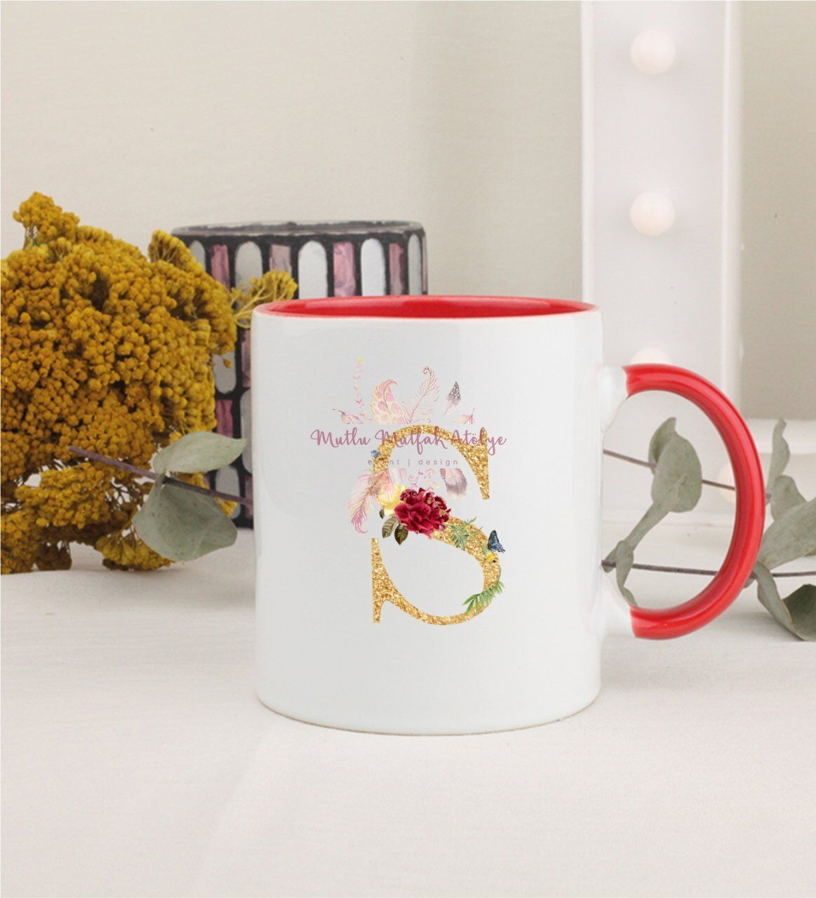 Gold Harfli Kırmızı Kupa Bardak