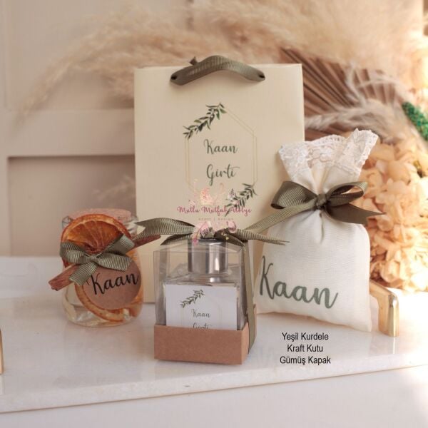 Hediyelik Portakallı Tarçınlı Jel Mum,Oda Kokusu,Baskılı Lavanta Kesesi Ve Baskılı Karton Çanta Seti