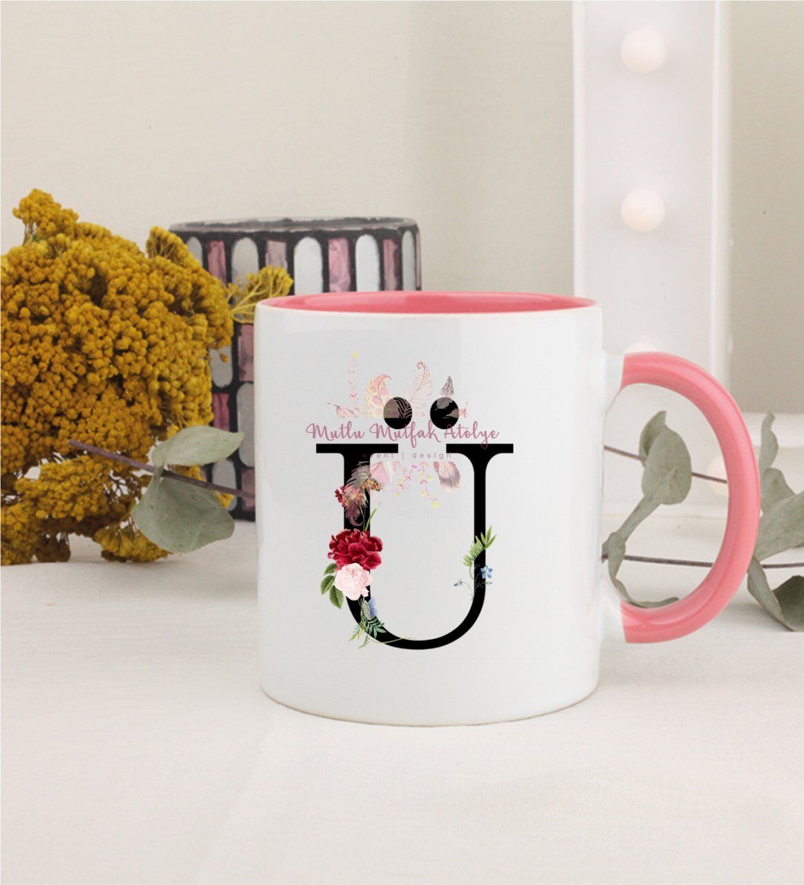 Ü Harfi Çiçek Desenli Pembe Kupa Bardak