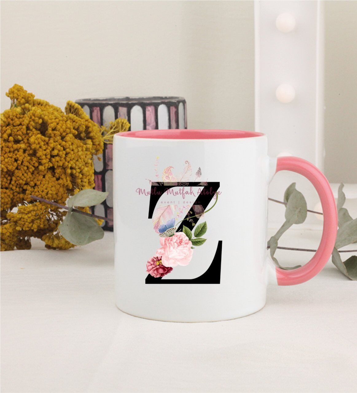 Z Harfi Çiçek Desenli Pembe Kupa Bardak