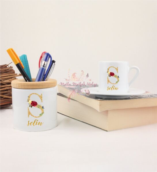 Kişiye Özel Gold Harfli ve İsimli Kalemlik ve Türk Kahvesi Fincanı