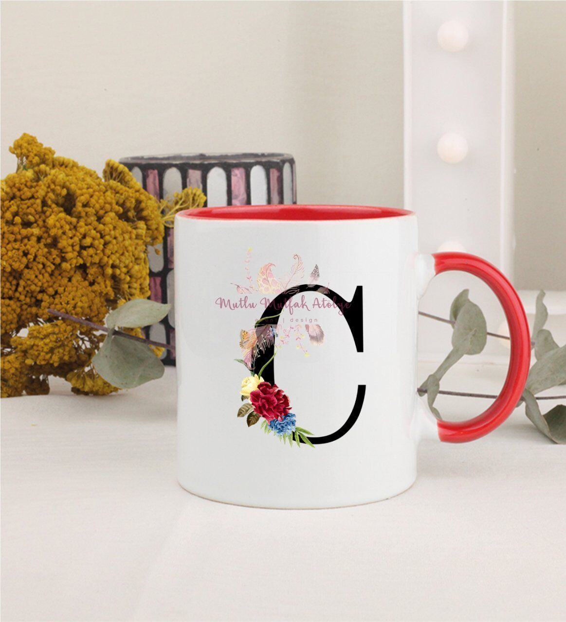 C Harfi Çiçek DesenliKırmızı Kupa Bardak