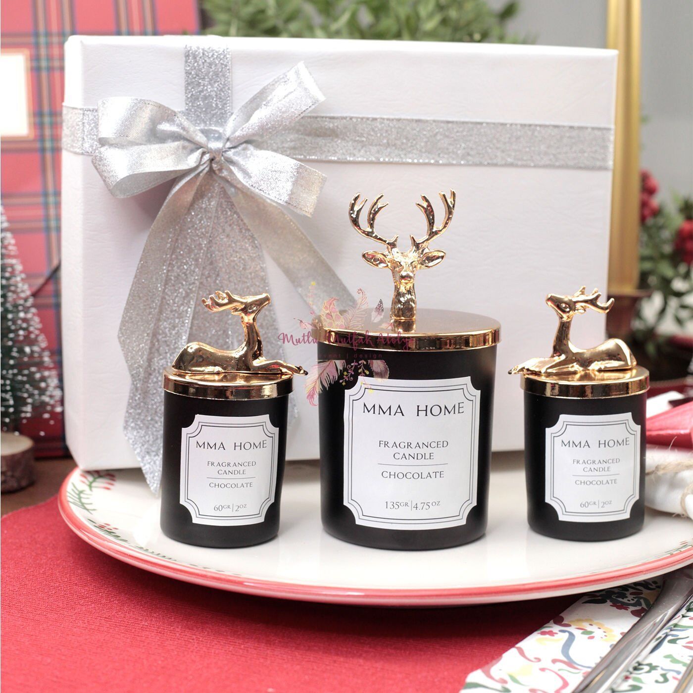 Hediye Kutulu Yılbaşı Mum Seti Çikolata Kokulu