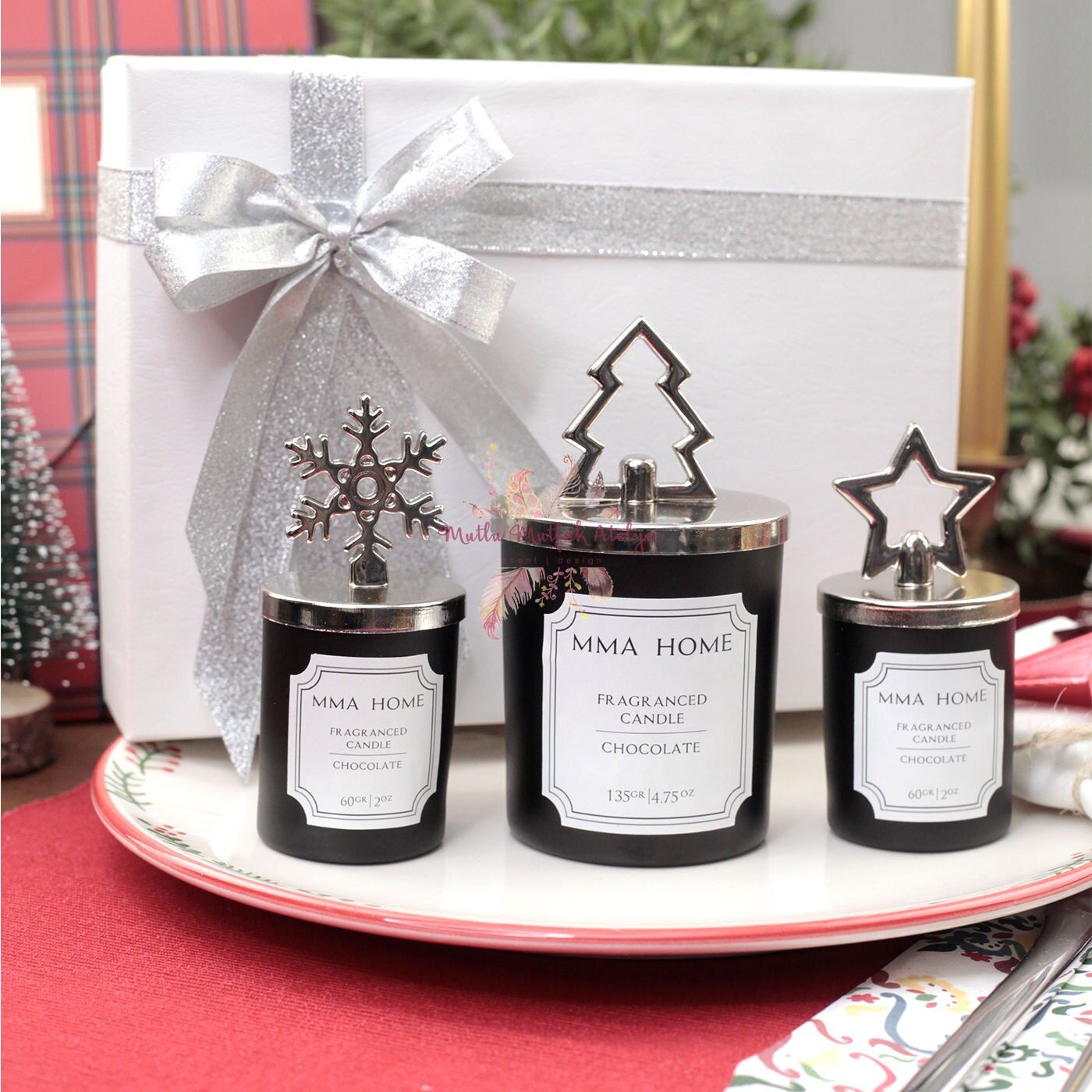 Hediye Kutulu Yılbaşı Mum Seti Çikolata Kokulu