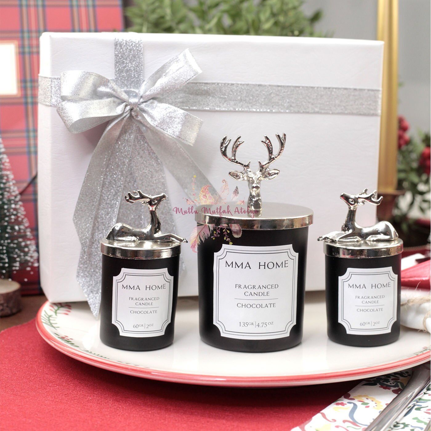 Hediye Kutulu Yılbaşı Mum Seti Çikolata Kokulu