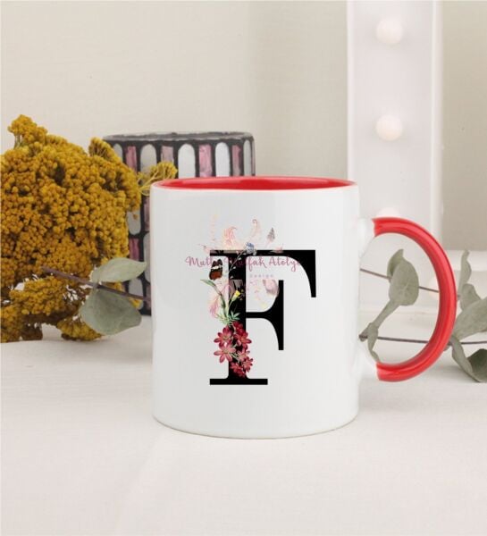 F Harfi Çiçek Desenli Kırmızı Kupa Bardak