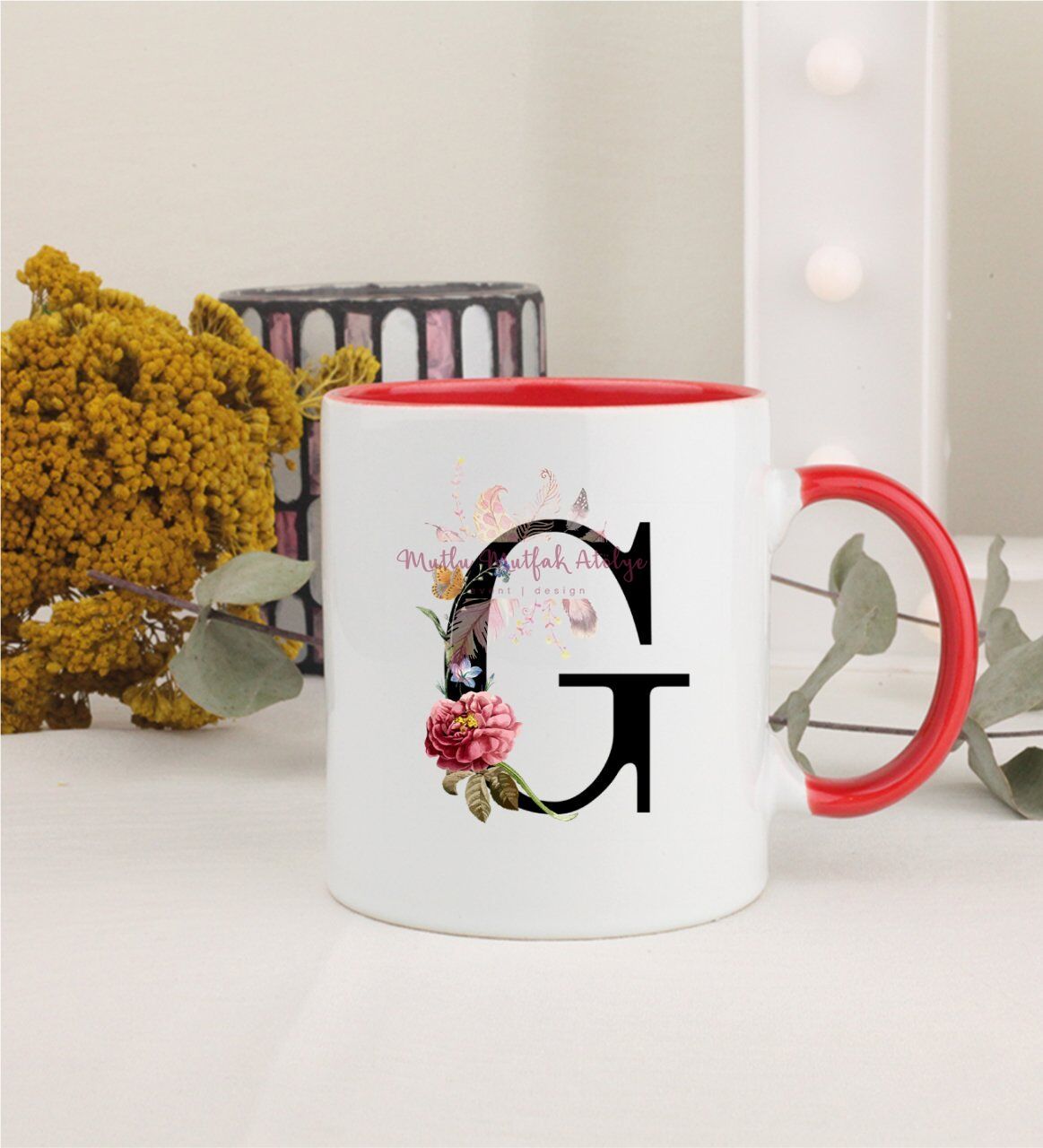 F Harfi Çiçek Desenli Kırmızı Kupa Bardak