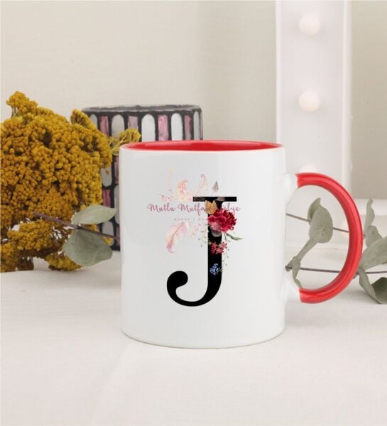 J Harfi Çiçek Desenli Kırmızı Kupa Bardak