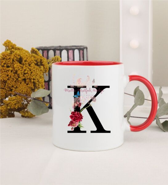 K Harfi Çiçek Desenli Kırmızı Kupa Bardak