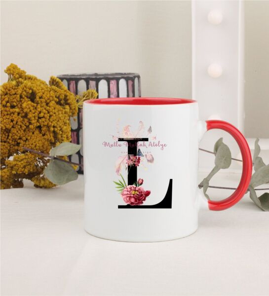 L Harfi Çiçek Desenli Kırmızı Kupa Bardak