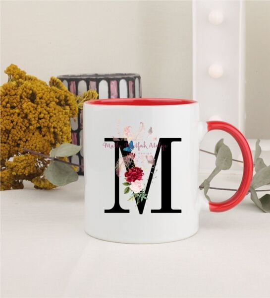 M Harfi Çiçek Desenli Kırmızı Kupa Bardak