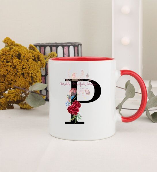 P Harfi Çiçek Desenli Kırmızı Kupa Bardak