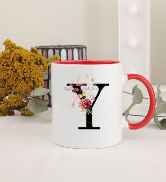 Y Harfi Çiçek Desenli Kırmızı Kupa Bardak