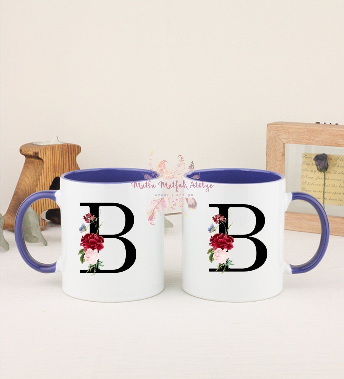B Harfi Çiçek Desenliİkili Lacivert Kupa Bardak