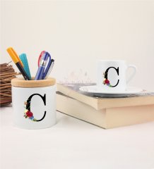 C Harfi Çiçek DesenliKalemlik ve Türk Kahvesi Fincanı