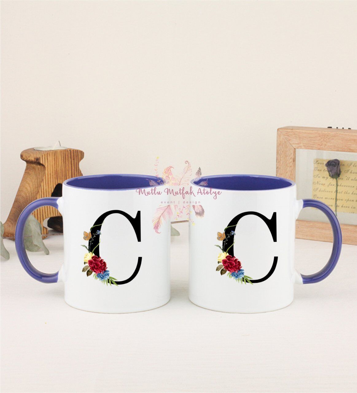 C Harfi Çiçek Desenliİkili Lacivert Kupa Bardak
