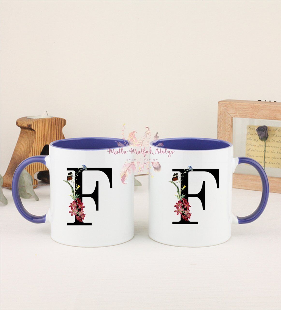 F Harfi Çiçek Desenli İkili Lacivert Kupa Bardak
