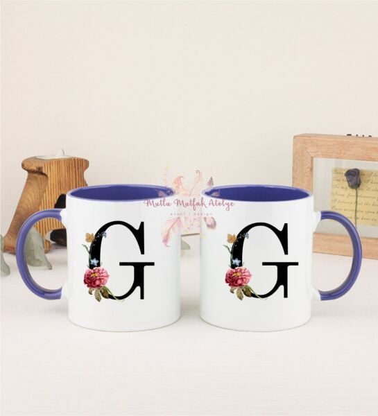 F Harfi Çiçek Desenli İkili Lacivert Kupa Bardak