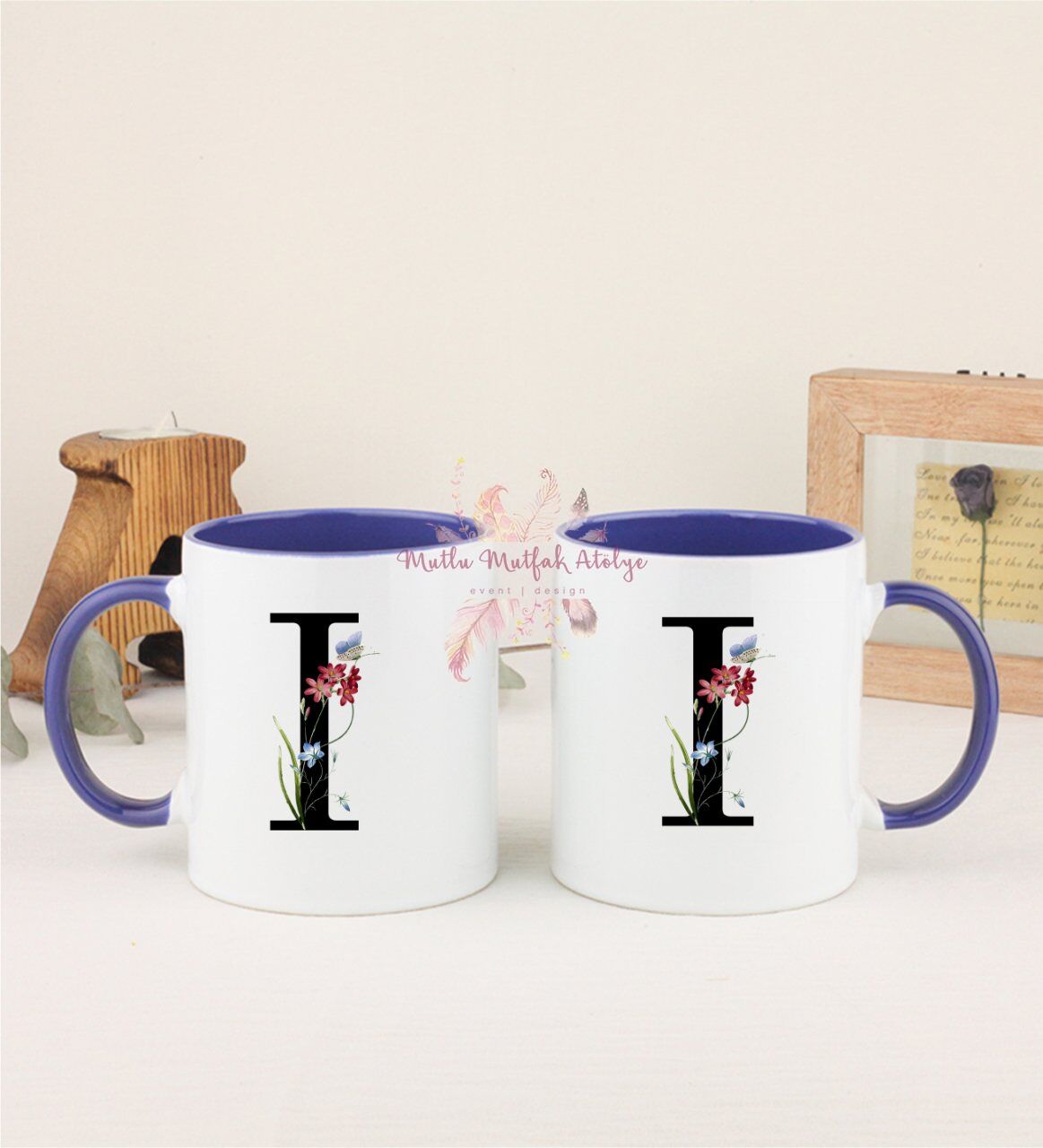 I Harfi Çiçek Desenli İkili Lacivert Kupa Bardak