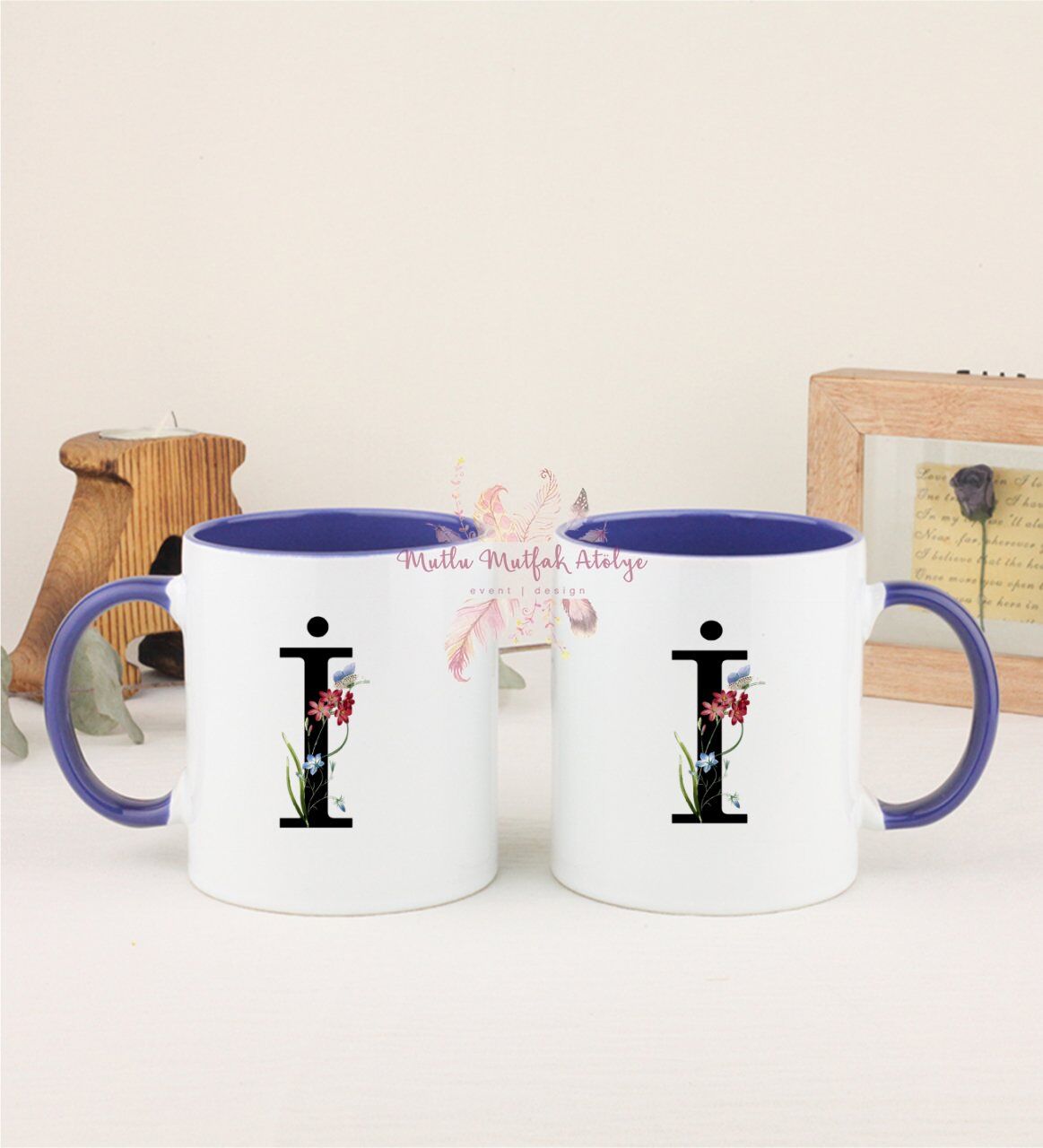 İ Harfi Çiçek Desenli İkili Lacivert Kupa Bardak