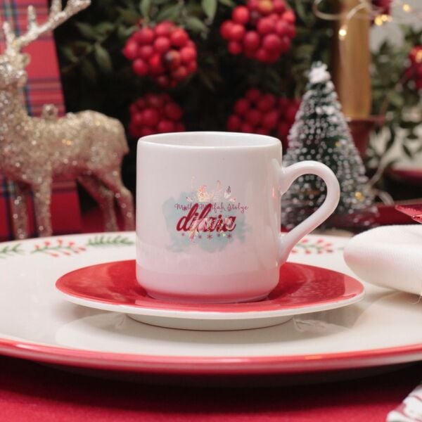 Kişiye Özel Tasarım Kırmızı Yeni Yıl Konseptli Türk Kahvesi Fincanı