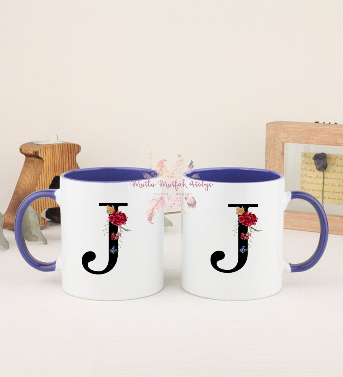 J Harfi Çiçek Desenli İkili Lacivert Kupa Bardak