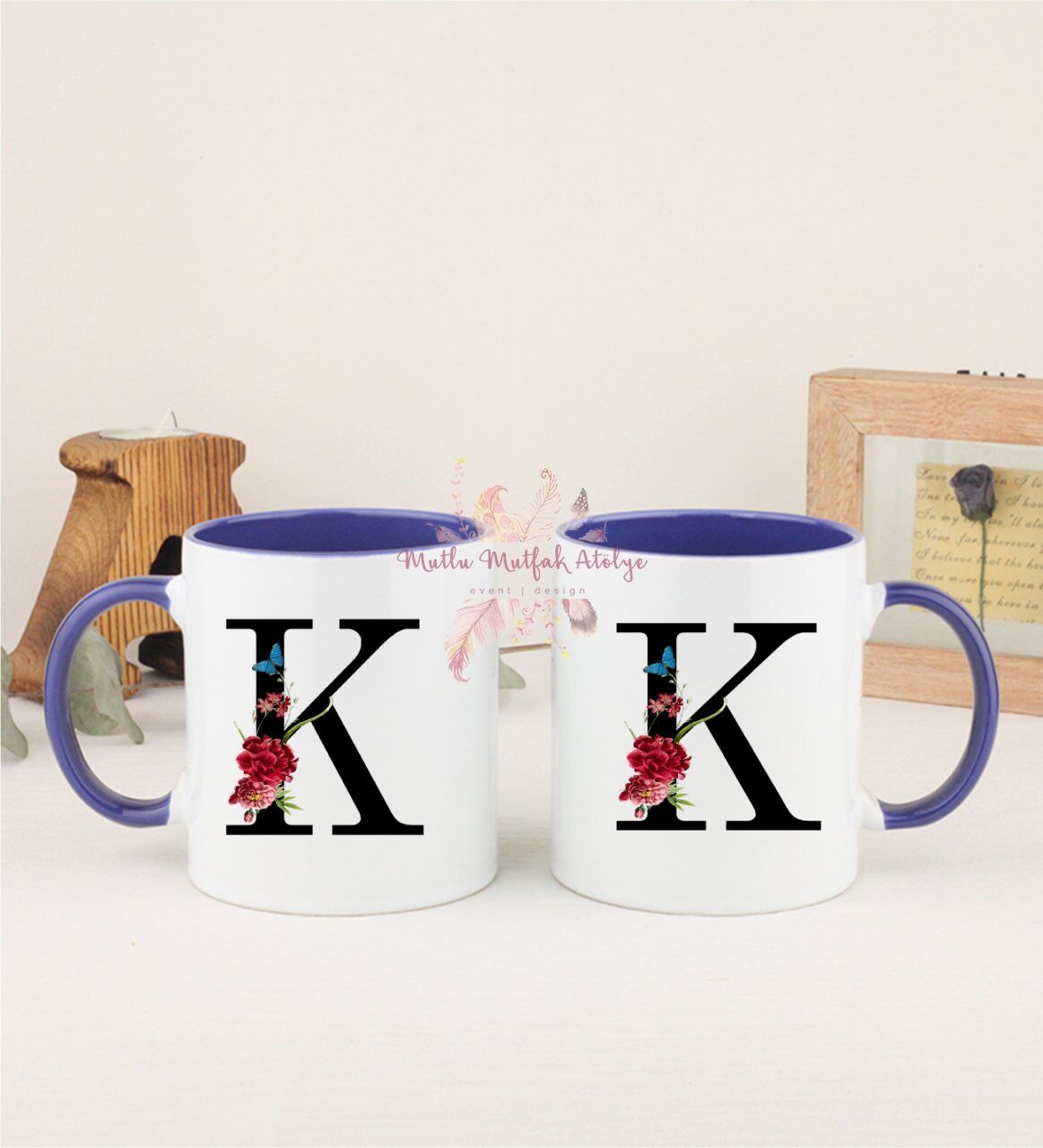 K Harfi Çiçek Desenli İkili Lacivert Kupa Bardak