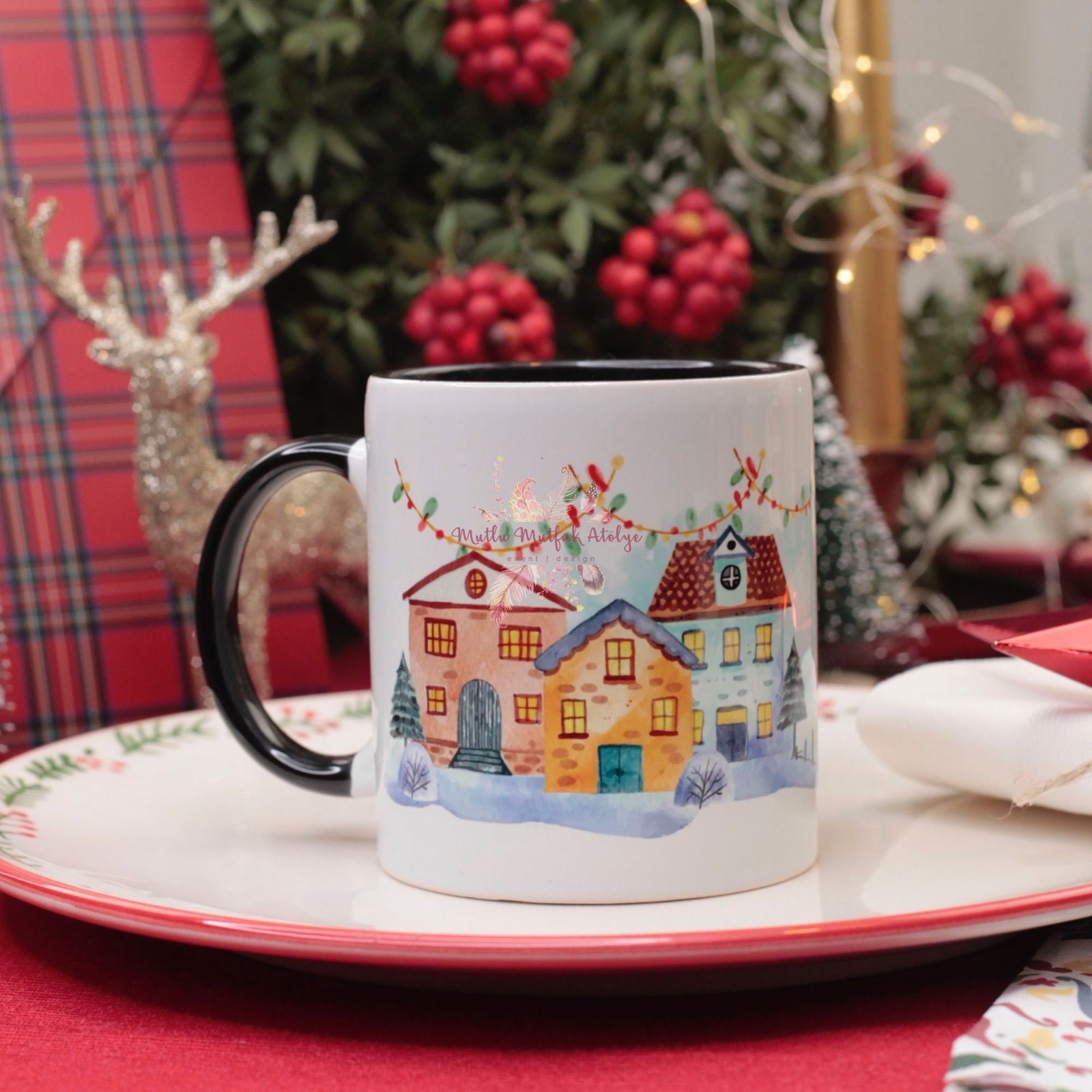 Kişiye Özel Tasarım Yeni Yıl Konseptli Siyah Kupa Bardak