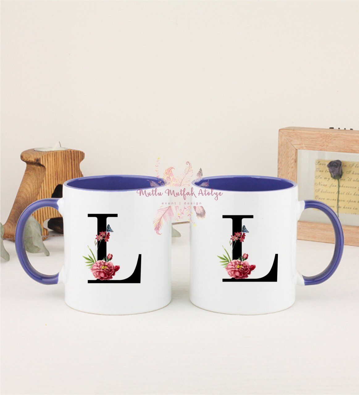 L Harfi Çiçek Desenli İkili Lacivert Kupa Bardak